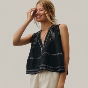 Pilcro Raw-Edge Linen Swing Tank in Black Contrast Stitch Anthropologie
